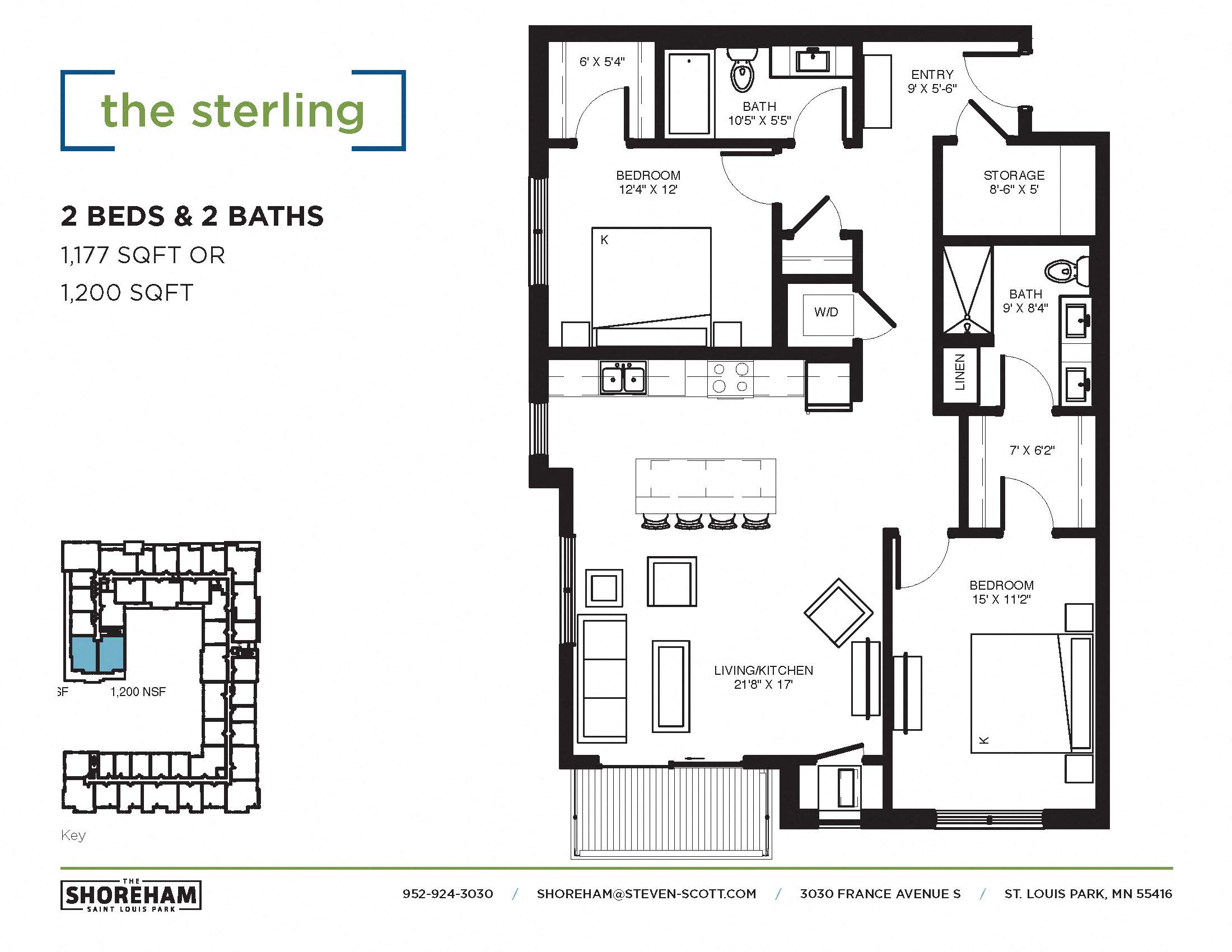 Floor plan for 2 beds, 2 baths, 1177 sqft
